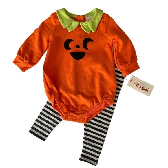 Baby Halloween Cat & Jack Pumpkin Face‎ with Leggings Size 12Months - Picture 2 of 3